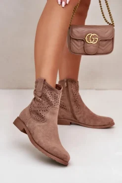 Damskie Ażurowe Botki Na Płaskim Obcasie Brązowe S.Barski HY42-135