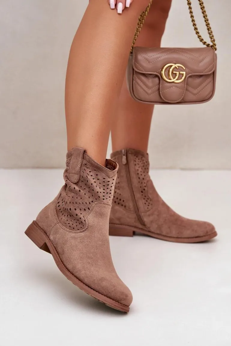 Damskie Ażurowe Botki Na Płaskim Obcasie Brązowe S.Barski HY42-135