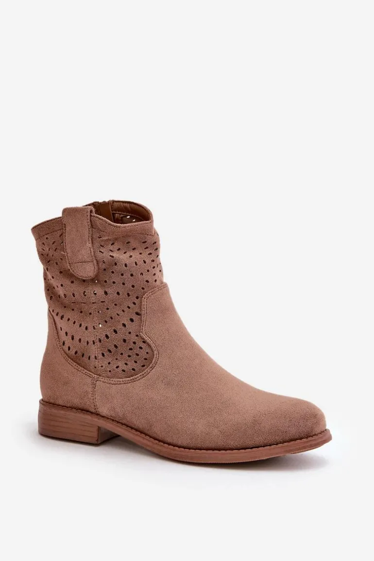 Damskie Ażurowe Botki Na Płaskim Obcasie Brązowe S.Barski HY42-135