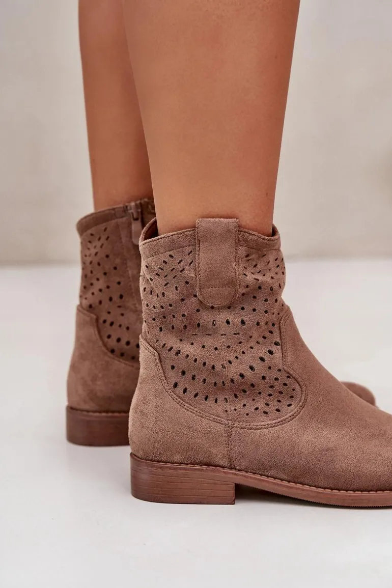 Damskie Ażurowe Botki Na Płaskim Obcasie Brązowe S.Barski HY42-135