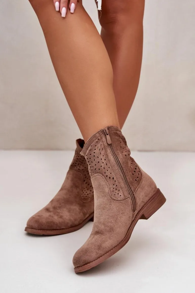 Damskie Ażurowe Botki Na Płaskim Obcasie Brązowe S.Barski HY42-135