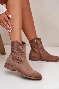Damskie Ażurowe Botki Na Płaskim Obcasie Brązowe S.Barski HY42-135