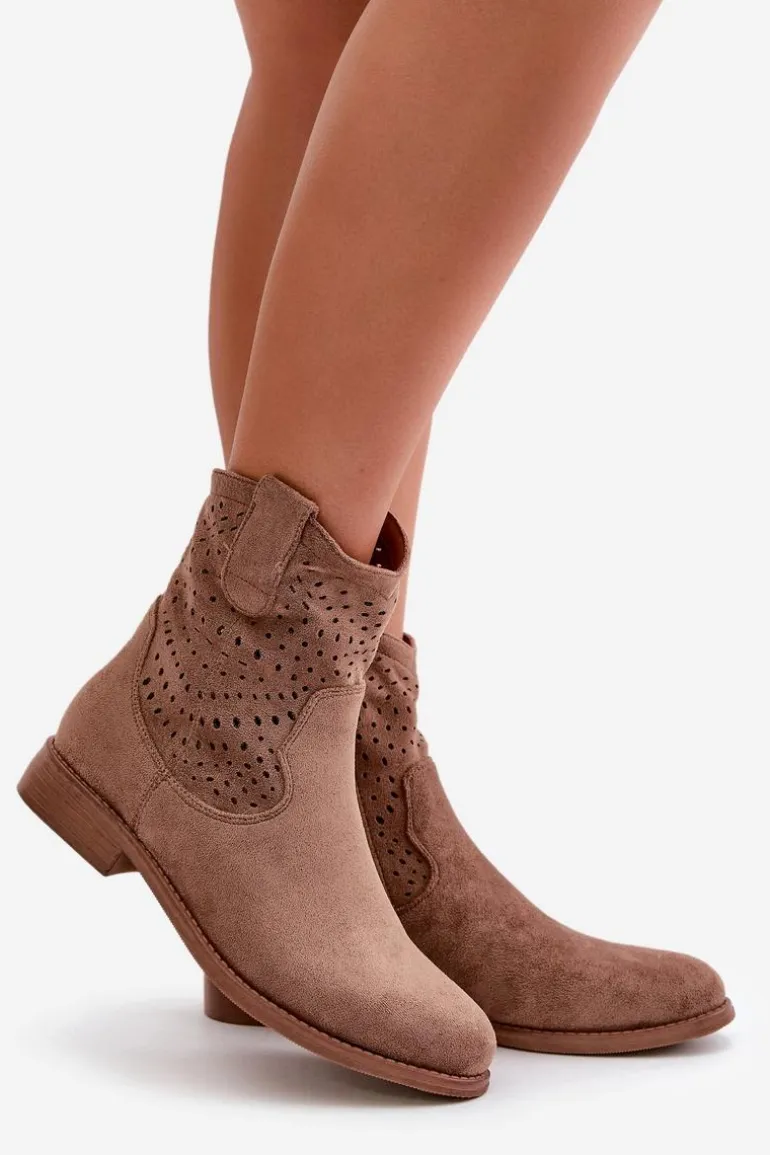 Damskie Ażurowe Botki Na Płaskim Obcasie Brązowe S.Barski HY42-135