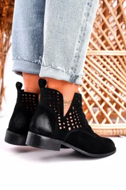 Damskie Ażurowe Botki Zamszowe Czarne Susannah