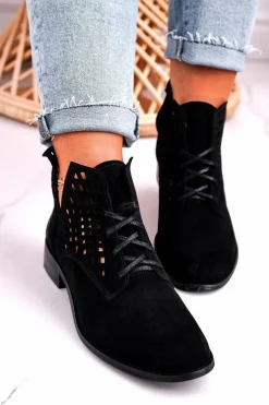 Damskie Ażurowe Botki Zamszowe Czarne Susannah