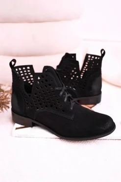 Damskie Ażurowe Botki Zamszowe Czarne Susannah