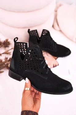 Damskie Ażurowe Botki Zamszowe Czarne Susannah