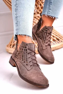 Damskie Ażurowe Botki Zamszowe Brązowe Susannah