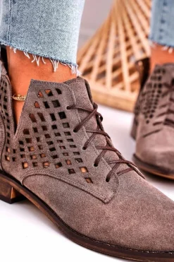 Damskie Ażurowe Botki Zamszowe Brązowe Susannah