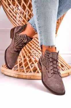 Damskie Ażurowe Botki Zamszowe Brązowe Susannah