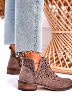 Damskie Ażurowe Botki Zamszowe Brązowe Susannah