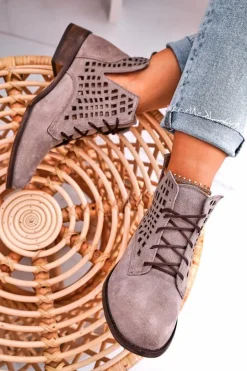 Damskie Ażurowe Botki Zamszowe Cappuccino Susannah