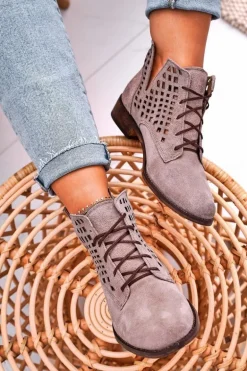 Damskie Ażurowe Botki Zamszowe Cappuccino Susannah