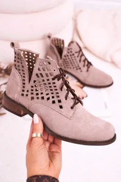 Damskie Ażurowe Botki Zamszowe Cappuccino Susannah