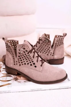 Damskie Ażurowe Botki Zamszowe Cappuccino Susannah