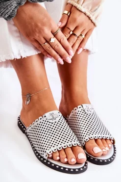 Damskie Ażurowe Klapki Z Ozdobą Srebrne Terrys