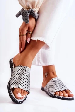 Damskie Ażurowe Klapki Z Ozdobą Srebrne Terrys