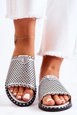 Damskie Ażurowe Klapki Z Ozdobą Srebrne Terrys