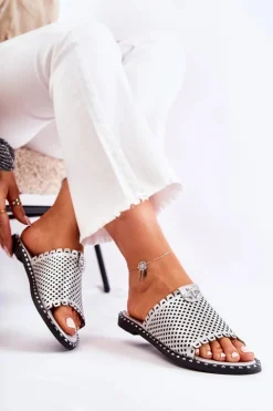 Damskie Ażurowe Klapki Z Ozdobą Srebrne Terrys