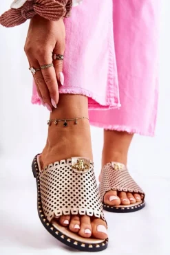 Damskie Ażurowe Klapki Z Ozdobą Złote Terrys