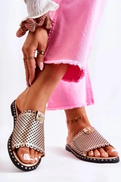 Damskie Ażurowe Klapki Z Ozdobą Złote Terrys