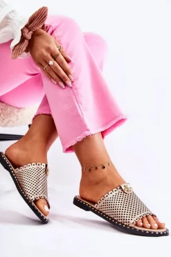 Damskie Ażurowe Klapki Z Ozdobą Złote Terrys