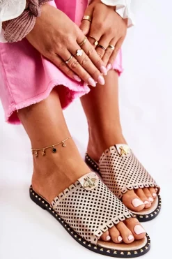 Damskie Ażurowe Klapki Z Ozdobą Złote Terrys