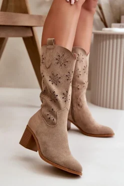 Damskie Ażurowe Kozaki Do Połowy Łydki Z Eko Zamszu Beżowe Nevilos