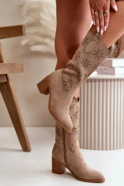 Damskie Ażurowe Kozaki Do Połowy Łydki Z Eko Zamszu Beżowe Nevilos