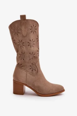 Damskie Ażurowe Kozaki Do Połowy Łydki Z Eko Zamszu Beżowe Nevilos