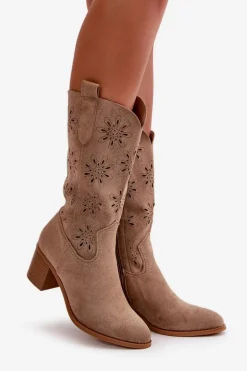 Damskie Ażurowe Kozaki Do Połowy Łydki Z Eko Zamszu Beżowe Nevilos