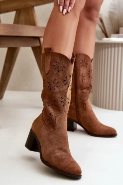 Damskie Ażurowe Kozaki Do Połowy Łydki Z Eko Zamszu Brązowe Nevilos