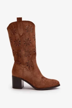 Damskie Ażurowe Kozaki Do Połowy Łydki Z Eko Zamszu Brązowe Nevilos