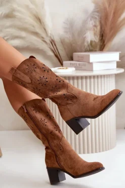 Damskie Ażurowe Kozaki Do Połowy Łydki Z Eko Zamszu Brązowe Nevilos