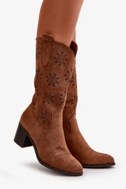 Damskie Ażurowe Kozaki Do Połowy Łydki Z Eko Zamszu Brązowe Nevilos