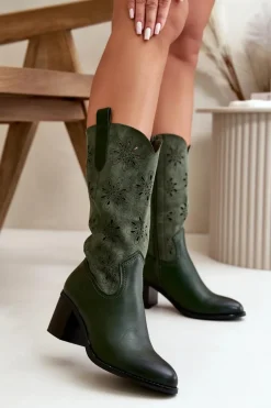 Damskie Ażurowe Kozaki Do Połowy Łydki Z Eko Zamszu Zielone Nevilos