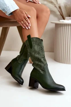 Damskie Ażurowe Kozaki Do Połowy Łydki Z Eko Zamszu Zielone Nevilos