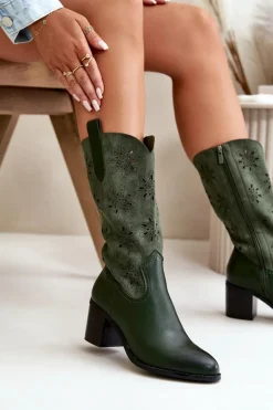 Damskie Ażurowe Kozaki Do Połowy Łydki Z Eko Zamszu Zielone Nevilos