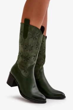 Damskie Ażurowe Kozaki Do Połowy Łydki Z Eko Zamszu Zielone Nevilos