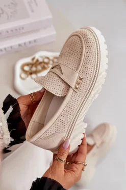 Damskie Ażurowe Półbuty Mokasyny Jasnobeżowe Tannes