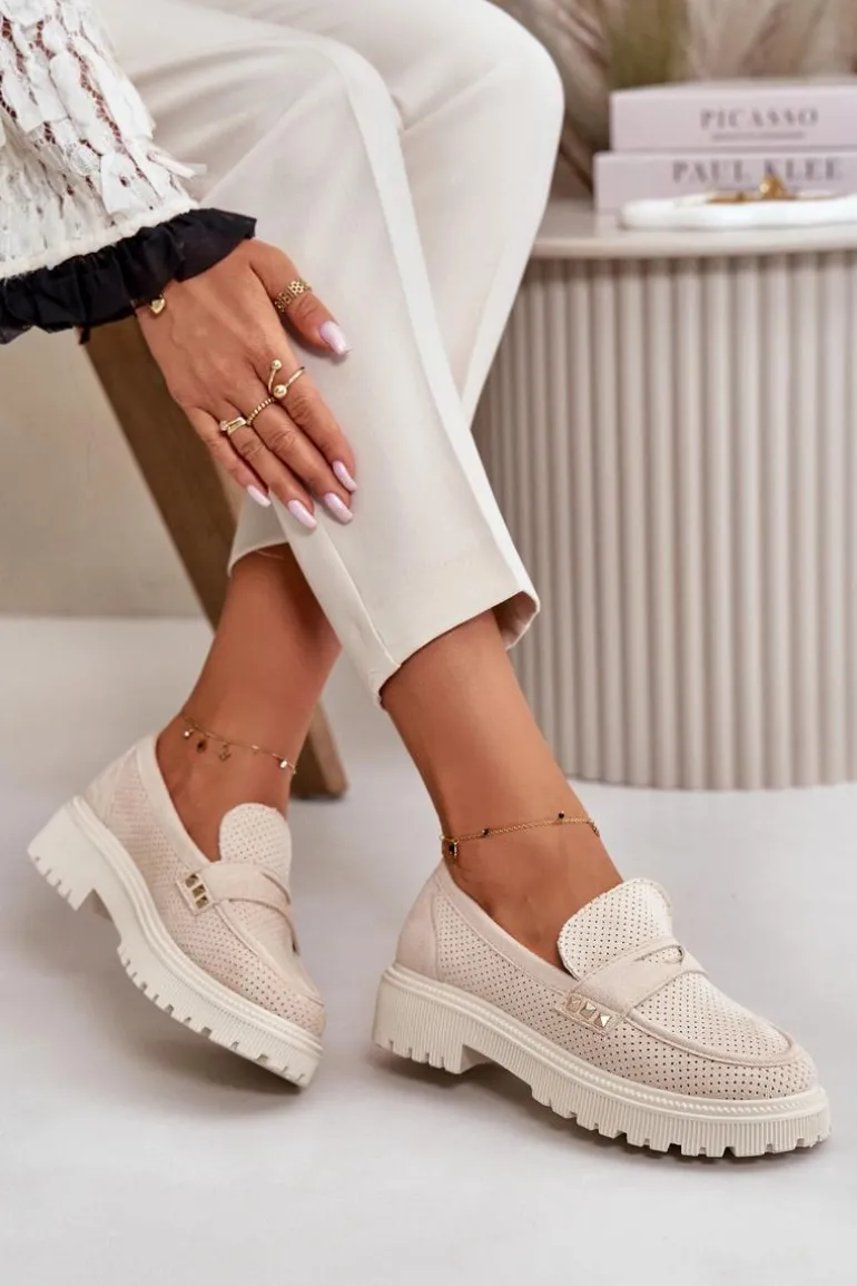 Damskie Ażurowe Półbuty Mokasyny Jasnobeżowe Tannes