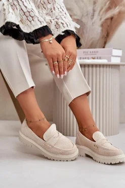 Damskie Ażurowe Półbuty Mokasyny Jasnobeżowe Tannes