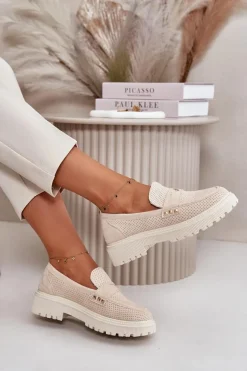 Damskie Ażurowe Półbuty Mokasyny Jasnobeżowe Tannes