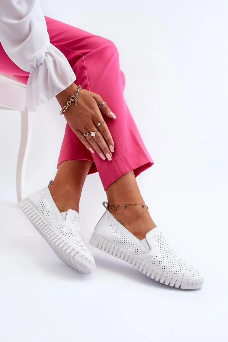 Damskie Ażurowe Półbuty Skórzane Wsuwane Białe Theophia