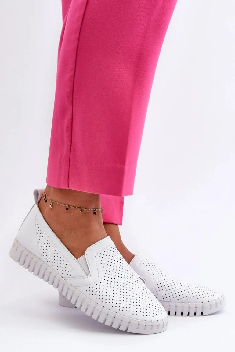 Damskie Ażurowe Półbuty Skórzane Wsuwane Białe Theophia