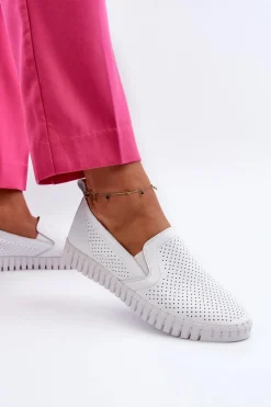 Damskie Ażurowe Półbuty Skórzane Wsuwane Białe Theophia