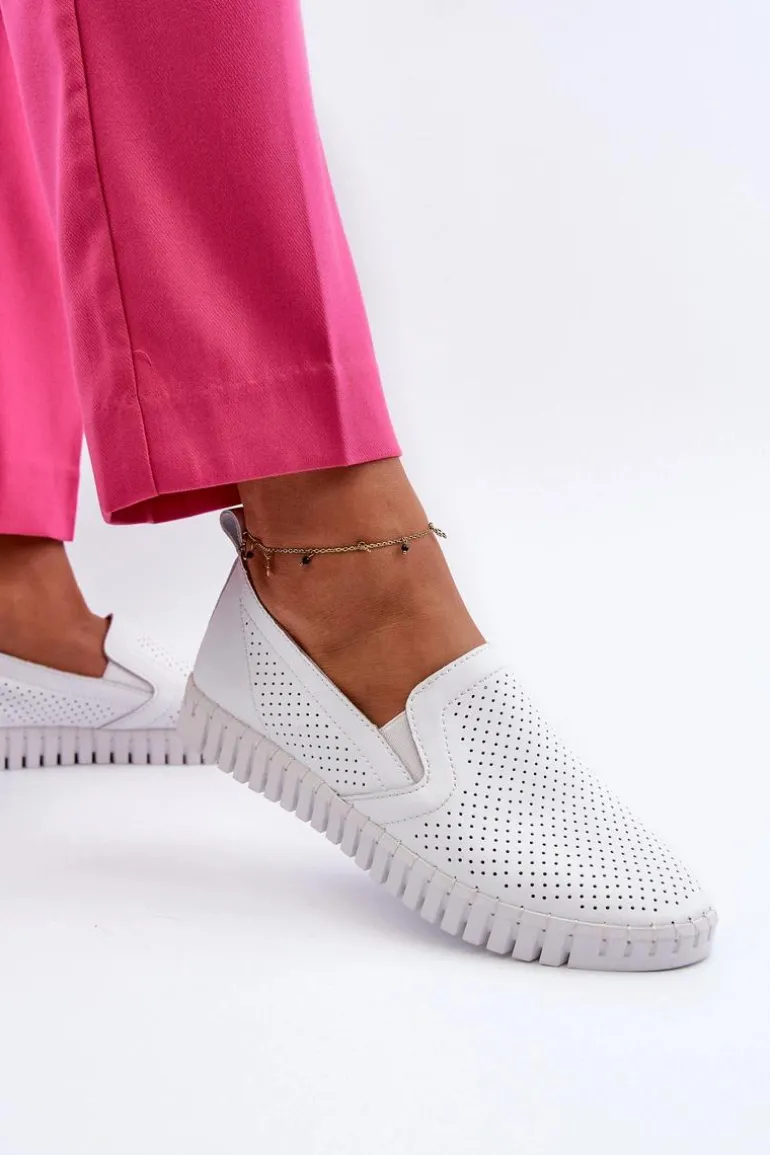 Damskie Ażurowe Półbuty Skórzane Wsuwane Białe Theophia