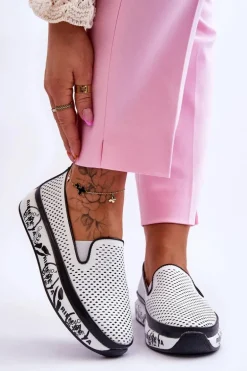 Damskie Ażurowe Skórzane Tenisówki Slip-On Białe Sorito