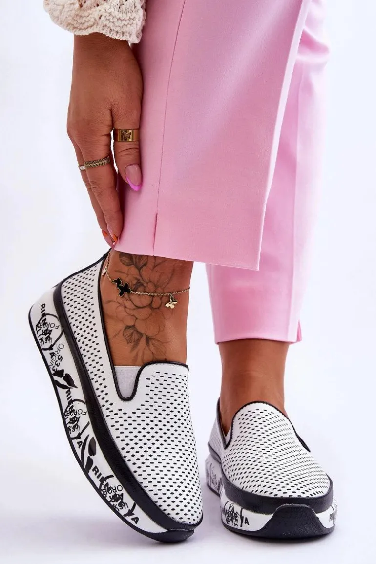 Damskie Ażurowe Skórzane Tenisówki Slip-On Białe Sorito