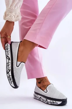 Damskie Ażurowe Skórzane Tenisówki Slip-On Białe Sorito